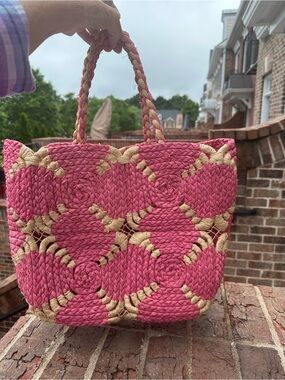 Braided Pink & Natural Straw Tote Bag